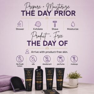 Spray tan preparation checklist: shower, exfoliate, shave and moisturize the day prior; arrive with  product-free skin the day of your appointment.